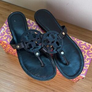 Tory Burch Black Leather Logo Thong Sandals
